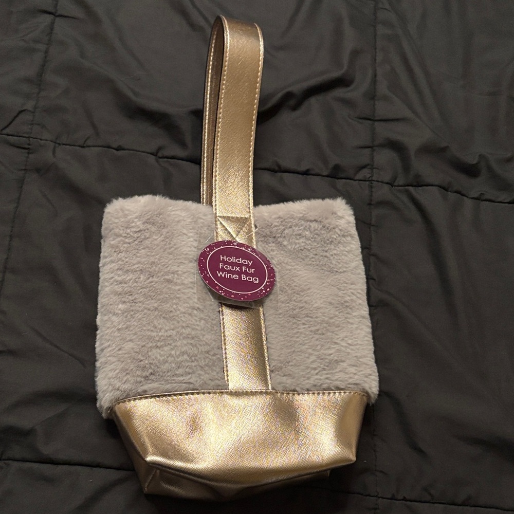 Gold and Gray Faux Fur Wine Bag